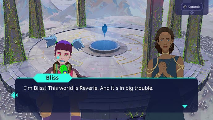Harmony The Fall of Reverie Rezension – Screenshot, der zeigt, wie Bliss sich Sorgen um die Zukunft von Reverie für Polly/Harmony macht