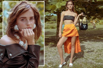 Emma Watson begeistert in einem freizügigen schwarzen Bandeau-Top und einem leuchtend orangefarbenen Rock für Prada