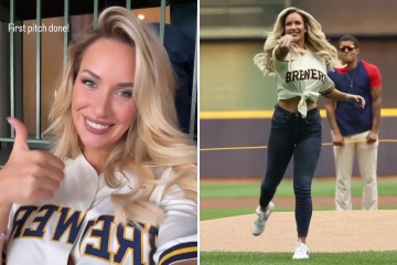 Paige Spiranac verblüfft die Fans im aufgeknöpften Hemd, als sie beim MLB-Spiel Pitch wirft