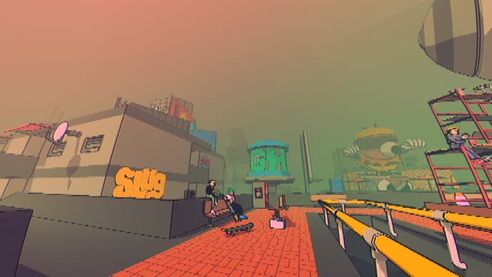 Sludge Life 2 – eine Aussicht auf Gebäude, Schlamm und Smog.