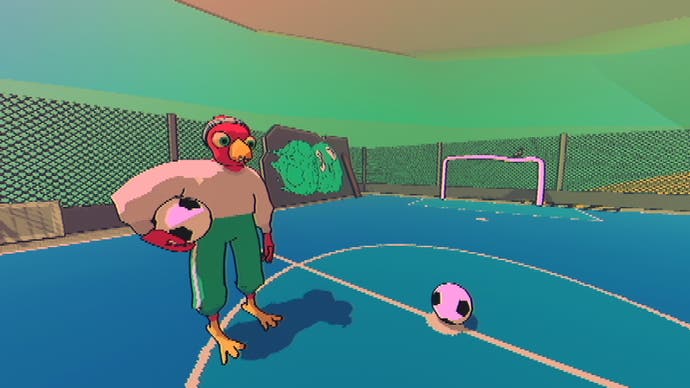 Sludge Life 2 ein anthropomorpher Vogel auf einem Fußballplatz