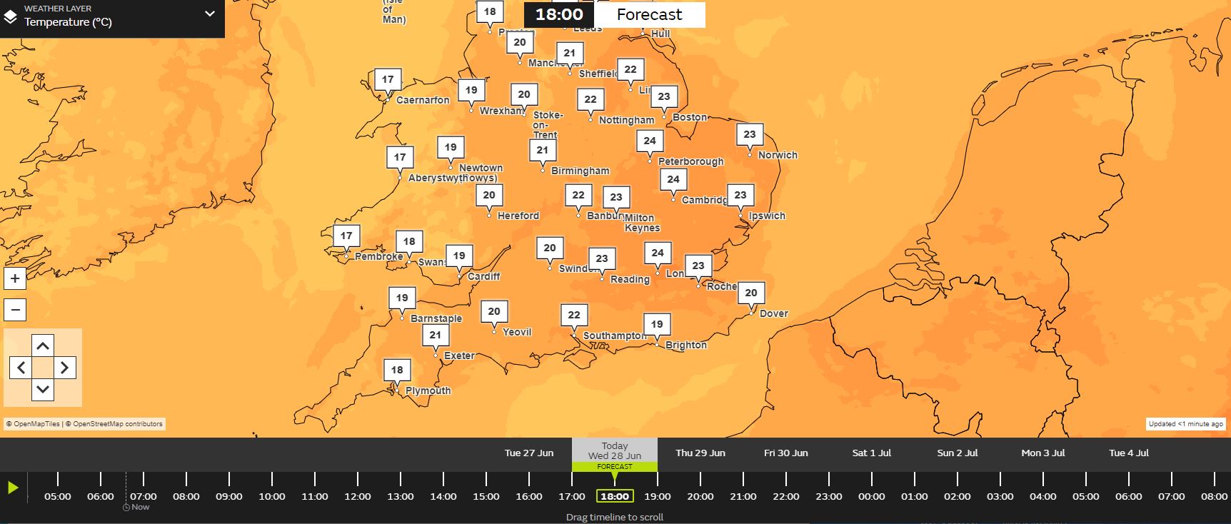Es wird erwartet, dass die Temperaturen heute gegen 18 Uhr in London einen Höchstwert von 24 °C erreichen