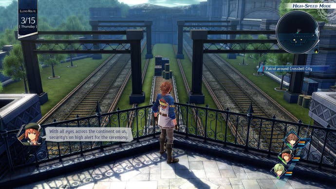 Rezensions-Screenshot zu „The Legend of Heroes: Trails into Reverie“ – Lloyd Bannings mit Blick auf die Crossbell City-Eisenbahn im Erkundungsmodus.
