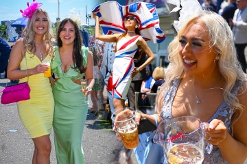Glamouröse Rennbesucher genießen die Sonne, während in Epsom zum Ladies' Day Getränke serviert werden