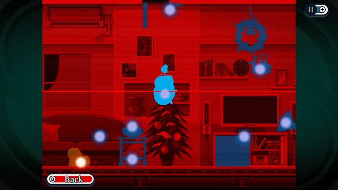 Ghost Trick: Phantom Detective Rezensions-Screenshot, Geistermodus mit rotem Hintergrund, kleinen blauen Kugeln und einer gelben Kugel, die an Objekten befestigt ist.