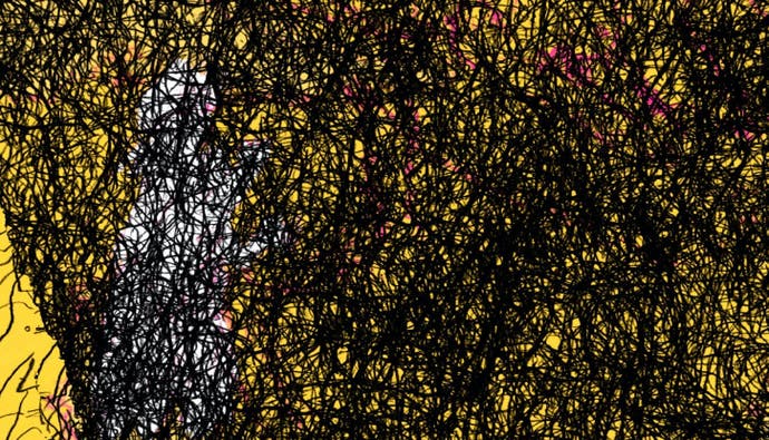 Ein Screenshot von If Found, der ein wildes schwarzes Gekritzel zeigt, das eine scheinbare Illustration von Kasio auf einem gelben Hintergrund fast vollständig verdeckt.