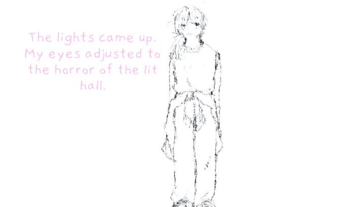 Ein Screenshot von If Found, der einen illustrierten Kasio zeigt, der allein vor einem weißen Hintergrund steht.  Der rosa gekritzelte Text links von Kasio lautet: 