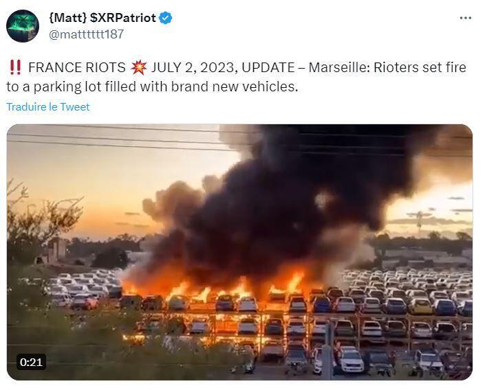 Twitter-Beitrag vom 2. Juli, der angeblich Autos zeigt, die während der Unruhen in Frankreich in Brand gesteckt wurden.