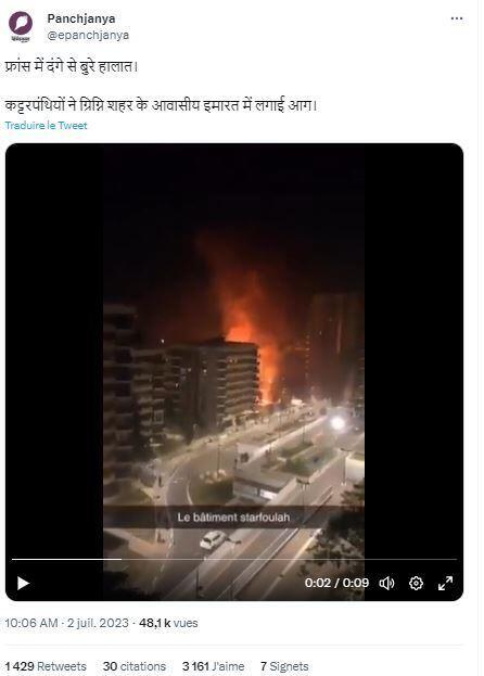 Twitter-Beitrag vom 2. Juli, der angeblich ein von Randalierern in Frankreich niedergebranntes Gebäude zeigt.