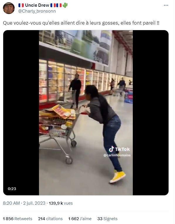 Twitter-Beitrag vom 2. Juli, der angeblich eine Frau zeigt, die aus einem Supermarkt stiehlt.