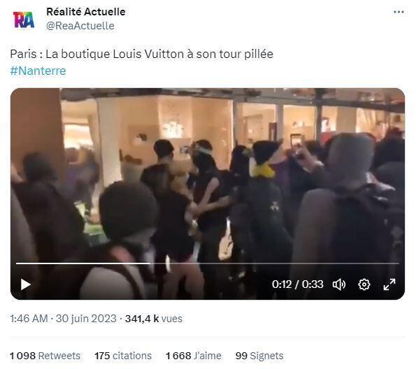 Twitter-Beitrag vom 2. Juli, der angeblich zeigt, wie Randalierer ein Louis-Vuitton-Geschäft in Paris plündern.