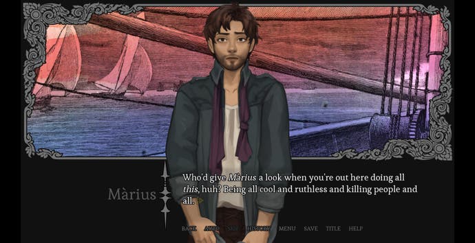 Eine Ozeanreise-Szene aus der Fantasy-Visual Novel Amarantus, in der Màrius darüber stöhnt, dass du, Arik, unbeabsichtigt seine romantischen Annäherungsversuche an eine andere Figur vereitelst.