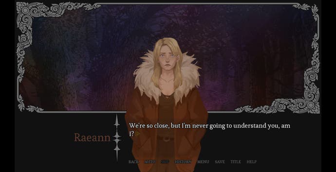 Ein Gespräch aus dem Fantasy-Visual-Novel Amarantus, in dem sich die kämpferische Raeann darüber beschwert, dass sie den Spielercharakter Arik nicht versteht.
