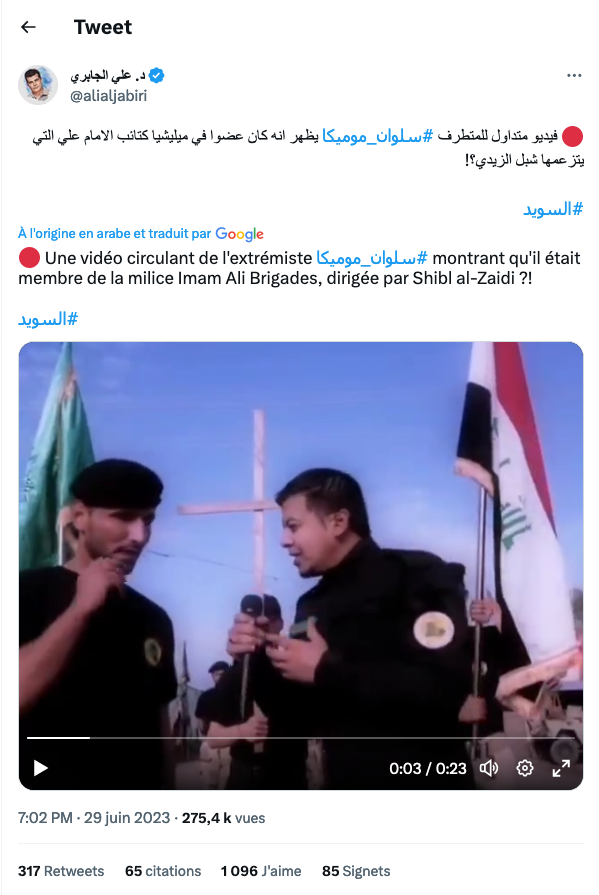 Dies ist ein Screenshot eines Videos, das seit dem 29. Juni 2023 in den sozialen Medien kursiert und zeigt, wie Momika scheinbar für eine Gruppe von Christen aus dem Irak verantwortlich ist, die als Teil der Brigaden von Imam Ali arbeiten, einer Miliz mit engen Verbindungen zum Iran.