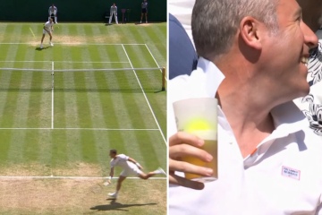 Wimbledon-Publikum rastet beim „Next-Level Beer Pong“, als ein wilder Schuss im PINT landet