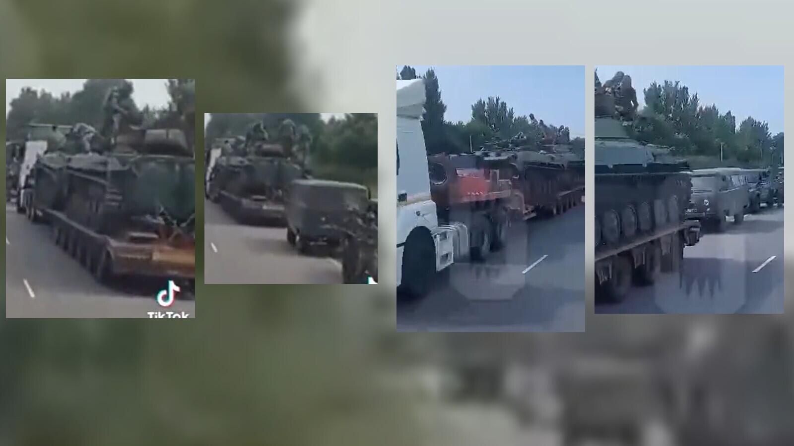 Die beiden Bilder links sind Standbilder aus dem viralen Video, während das Bild rechts den bewaffneten Aufstand zeigt.  Auf beiden ist ein weißer Lastwagen mit zwei Panzern zu sehen, gefolgt von einem grauen Lastwagen.