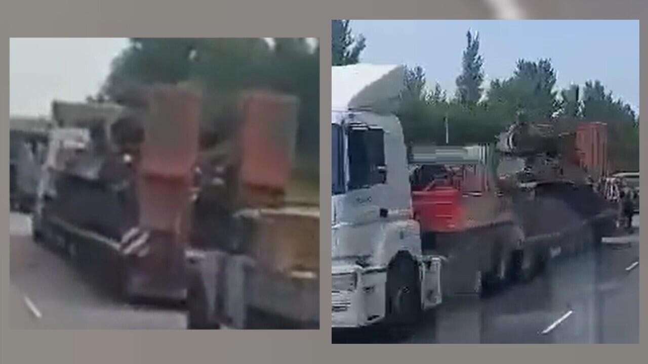 Das Bild links ist ein Standbild aus dem viralen Video, während das Bild rechts den bewaffneten Aufstand zeigt.  In beiden Videos sieht man einen weißen Lastwagen mit zwei roten Teilen am Heck, der einen Panzer trägt.