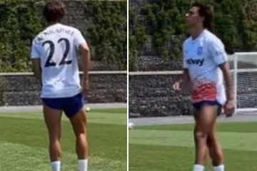 Felix deutet in einem Trainingsvideo eine Überraschungsaktion an, als er das Trikot des Chelsea-Rivalen trägt