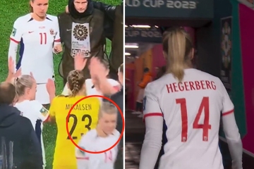 Norwegens Starspielerin Ada Hegerberg verlässt Sekunden vor dem Aufeinandertreffen bei der Frauen-Weltmeisterschaft das Spielfeld