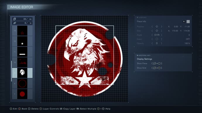 Der Bearbeitungsbildschirm für das Spieleremblem in Armored Core 6 mit einem rot-weißen Adlerkopfdesign.