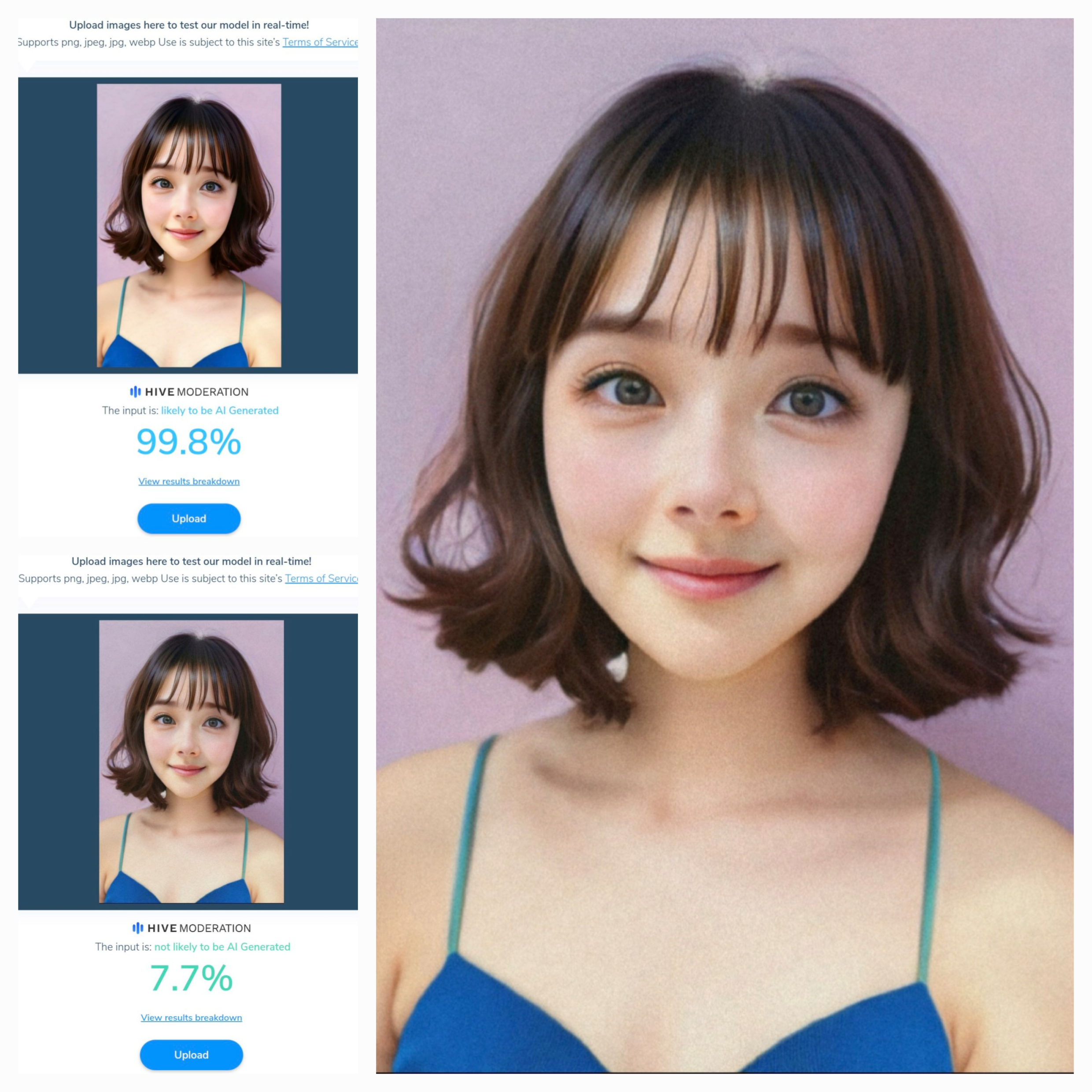 The photo on the upper left is real but has been modified with the app FaceApp. Hive Moderation, however, concluded that it was generated by artificial intelligence. The same photo, on the bottom right, has been slightly altered in a different way and, bizarrely, the tool no longer says it was generated by artificial intelligence.