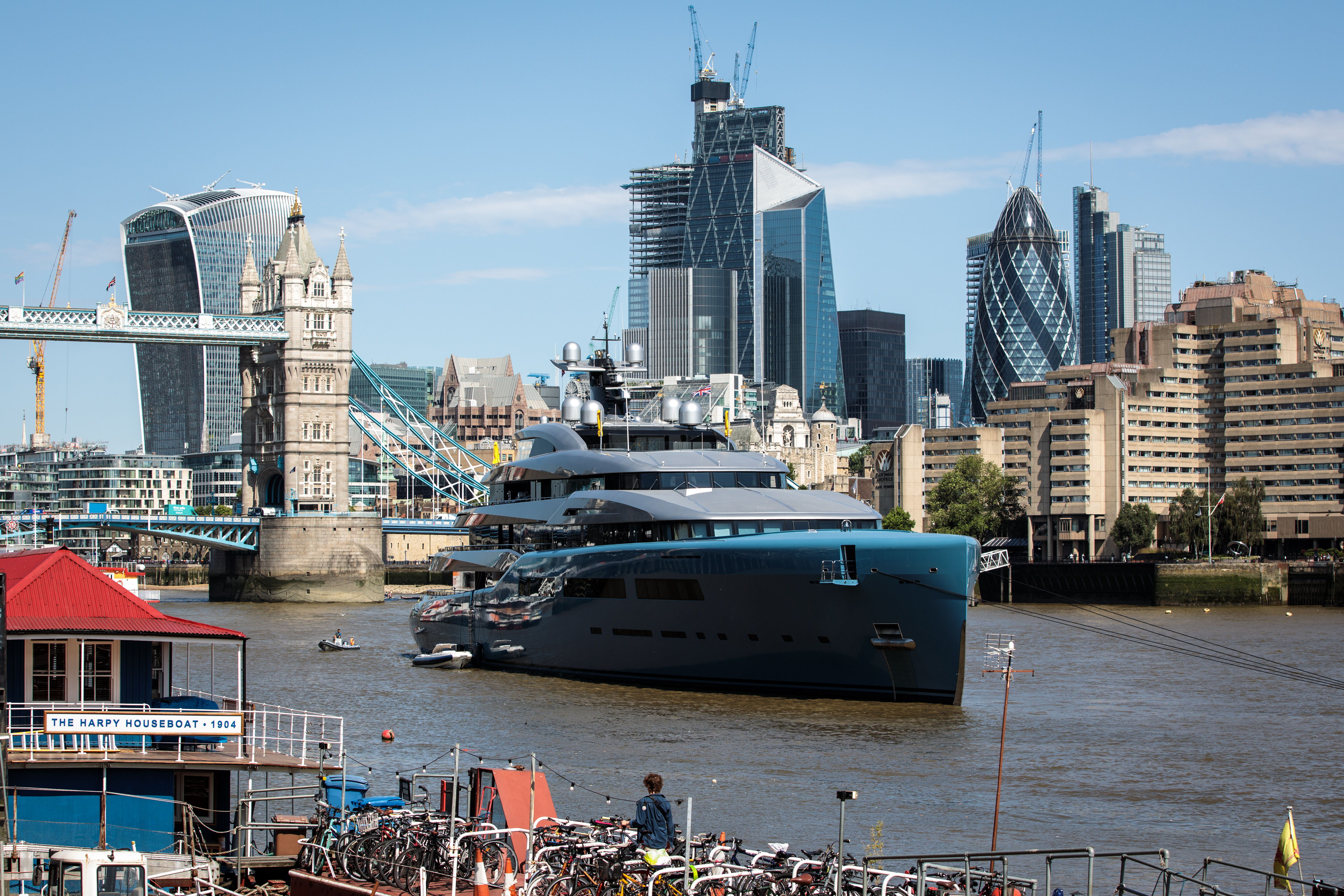 The luxury yacht pictured moored by Butler’s Wharf in London in July 2018
