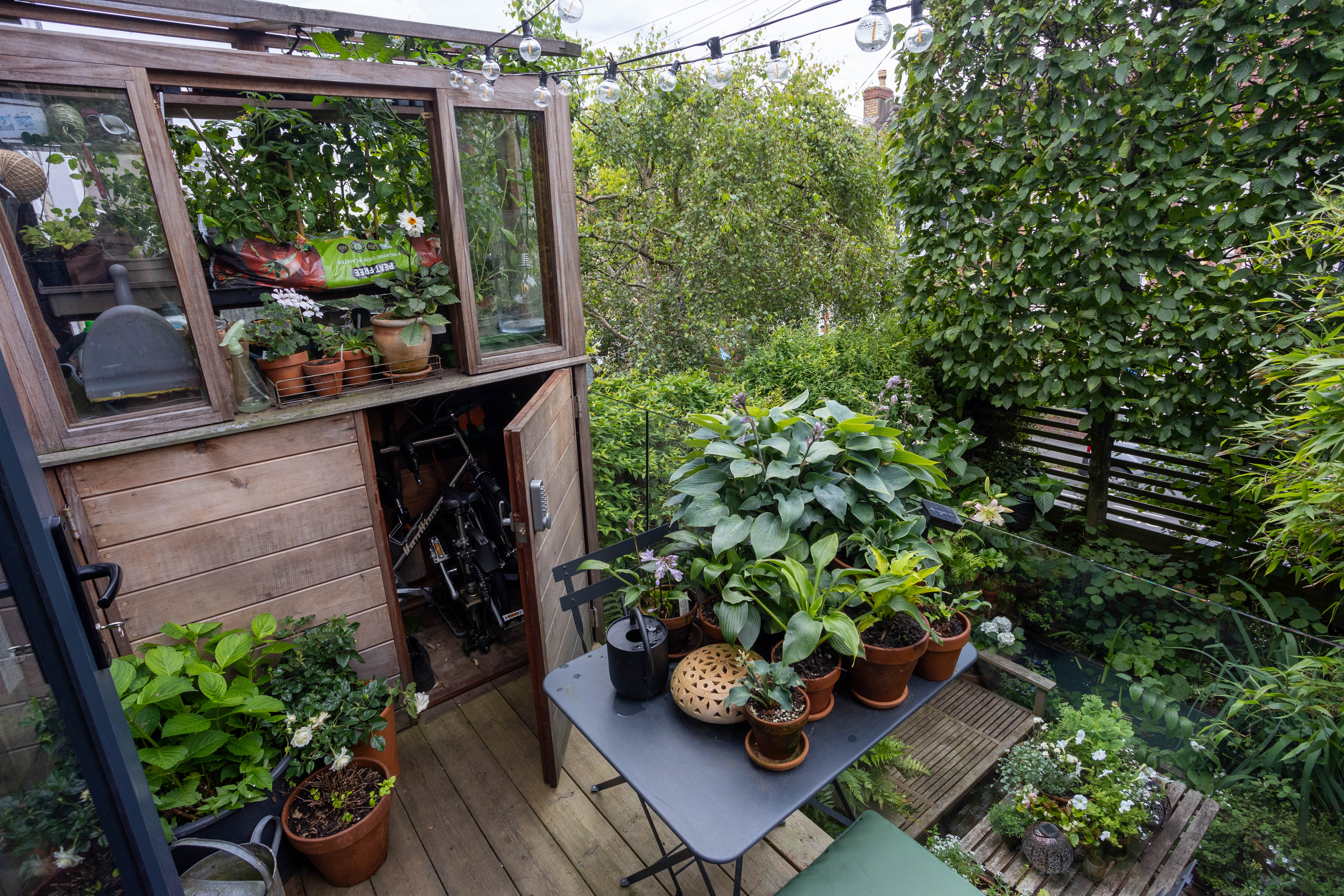 The garden includes a bike shed