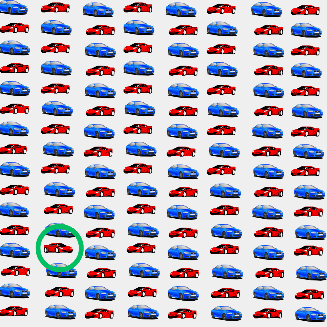 Das rote Auto blickt in die entgegengesetzte Richtung wie alle anderen roten Autos