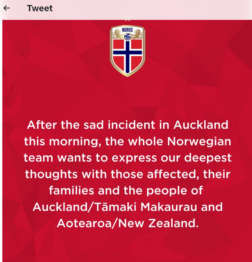 Die norwegische Nationalmannschaft sagt, ihre Gedanken seien bei den Familien und Einzelpersonen, die von der Schießerei in Auckland betroffen seien