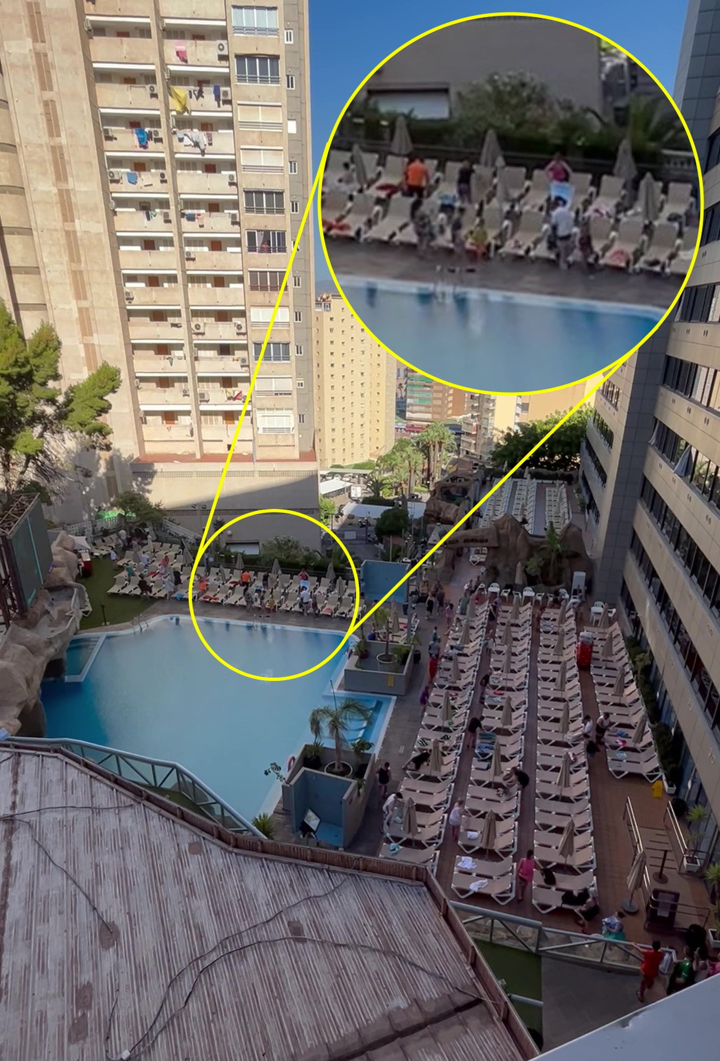 Die Familie hatte Mühe, sich einen Platz am Pool des Resorts zu sichern, da die Briten seit 9 Uhr morgens Schlange standen