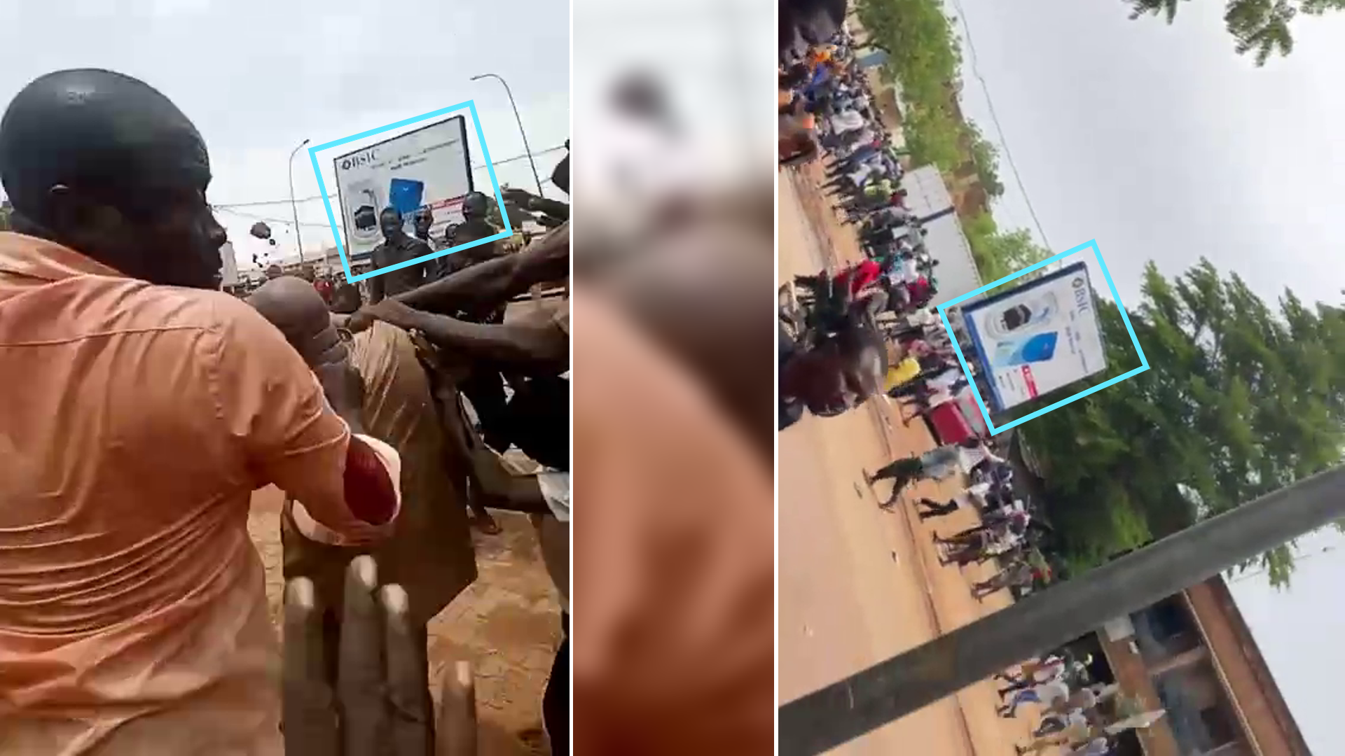 In diesem Screenshot aus dem Video der Prügel (links) sehen wir dieselbe Werbetafel (blau umrahmt) wie in einem am 27. Juli veröffentlichten Video (rechts), das den Angriff von Pro-Junta-Demonstranten auf das PNDS-Hauptquartier zeigt.