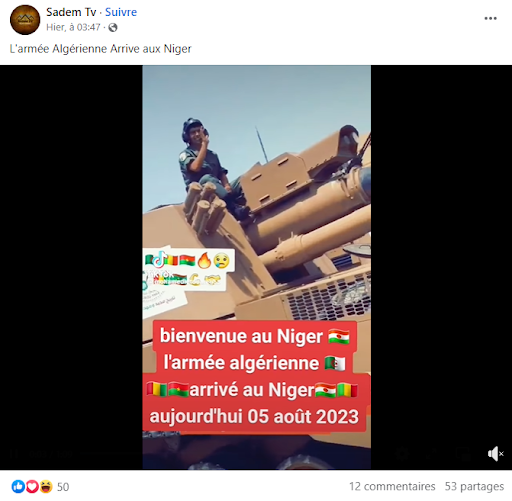 Facebook-Post vom 6. August, der angeblich die im Niger stationierte algerische Armee zeigt.