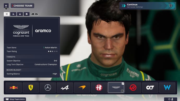Screenshot der F1 Manager 2023-Rezension, Teamauswahlbildschirm mit Lance Stroll im Hintergrund.