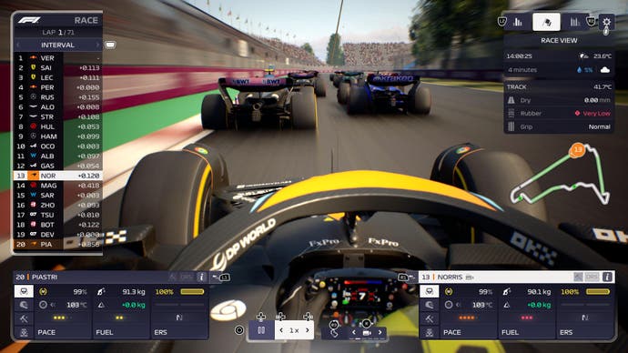 Screenshot der F1 Manager 2023-Rezension, Overhead-Kamera für Lando Norris, die einen Alpine und einen Williams vor sich zeigt.