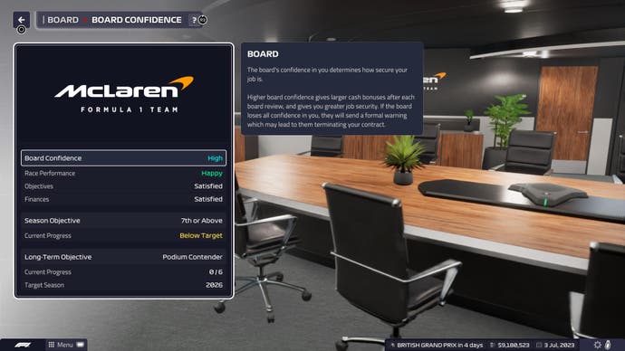 Der Screenshot der F1 Manager 2023-Rezension zeigt das aktuelle Vertrauen des Vorstands in die Führung von McLaren.