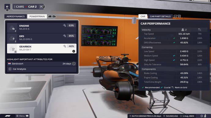 F1 Manager 2023-Rezensionsscreenshot, Leistungsbildschirm für McLaren-Auto mit hervorgehobenem Getriebe.