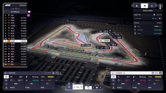 F1 Manager 2023-Rezensionsscreenshot, Karte des Bahrain International Circuit mit Fahrerpositionen und Live-Timings.