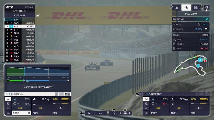 Screenshot des F1 Manager 2023-Testberichts, Williams-Auto auf dem Circuit de Spa-Francorchamps im Regen.