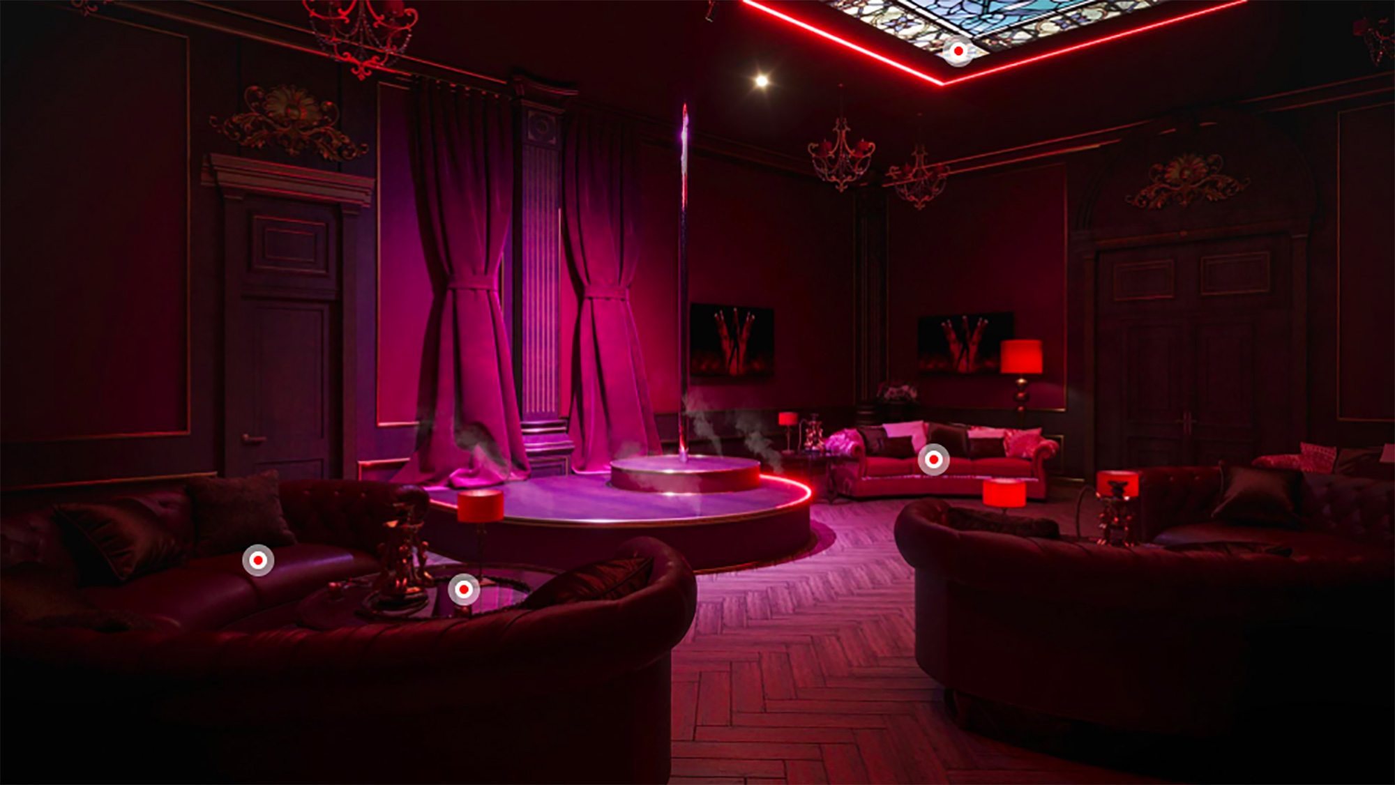 Es gibt sogar einen farbenfrohen „Striptease“-Pole-Dance-Raum für VIP-Freunde
