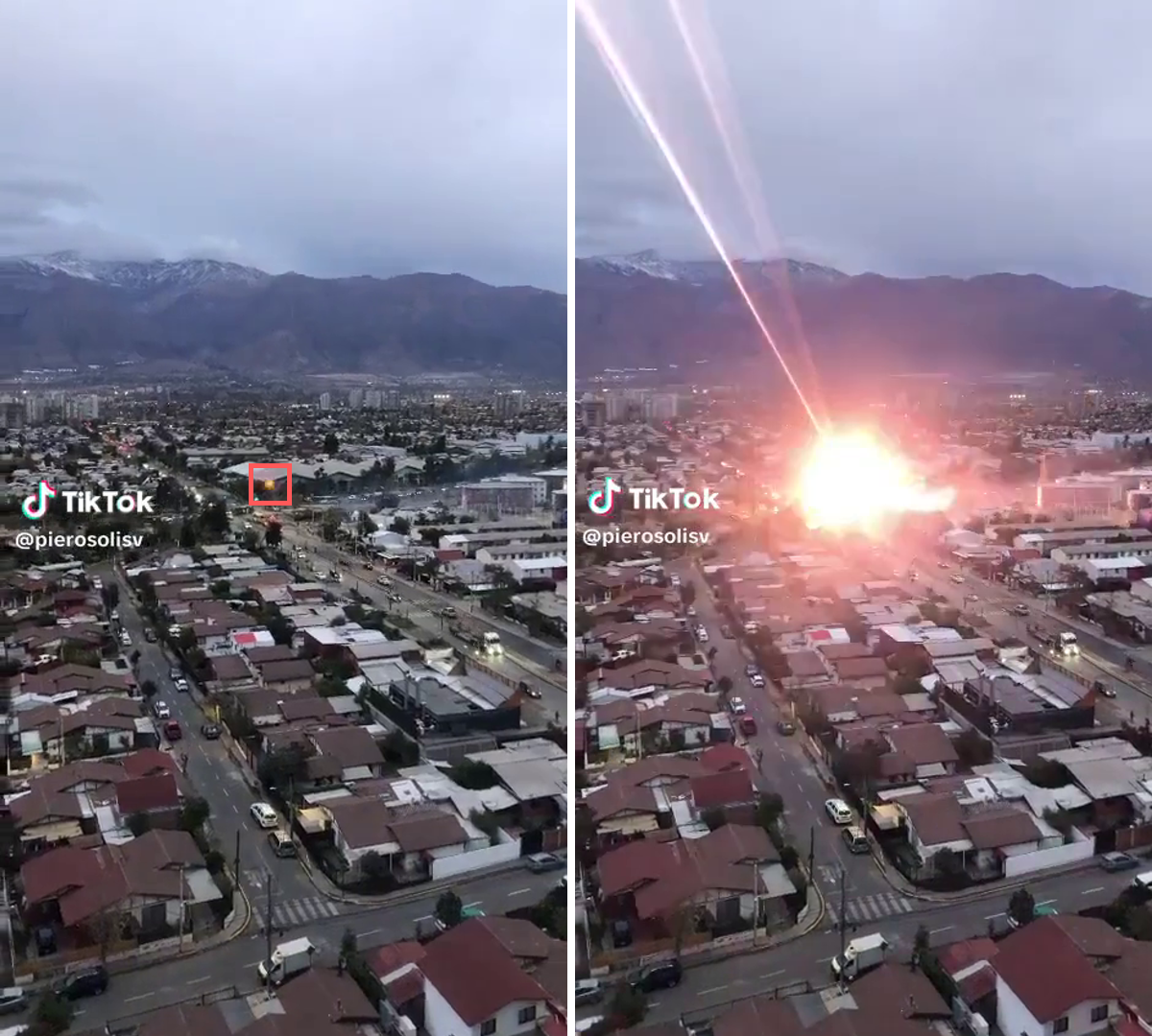 In dem auf TikTok geposteten Video sehen wir zuerst die Explosion (links, 0:00), dann erscheint der Strahl (0:01).