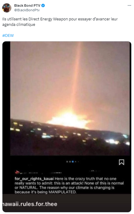 Dieser Twitter-Account, der regelmäßig Verschwörungsinhalte über die Brände auf Hawaii veröffentlicht, glaubt, dass dieses am 11. August veröffentlichte Bild ein Beweis für den Einsatz gezielter Energiewaffen ist.