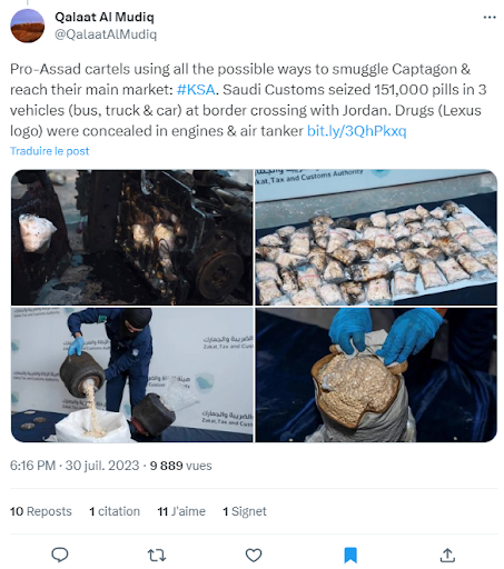 Dies ist ein Screenshot von Bildern, die auf X (ehemals Twitter) geteilt wurden und die zeigen, wie saudische Zollbehörden am 30. Juli 2023 am Grenzposten al-Haditha mehr als 151.000 illegal transportierte Captagon-Pillen beschlagnahmten.
