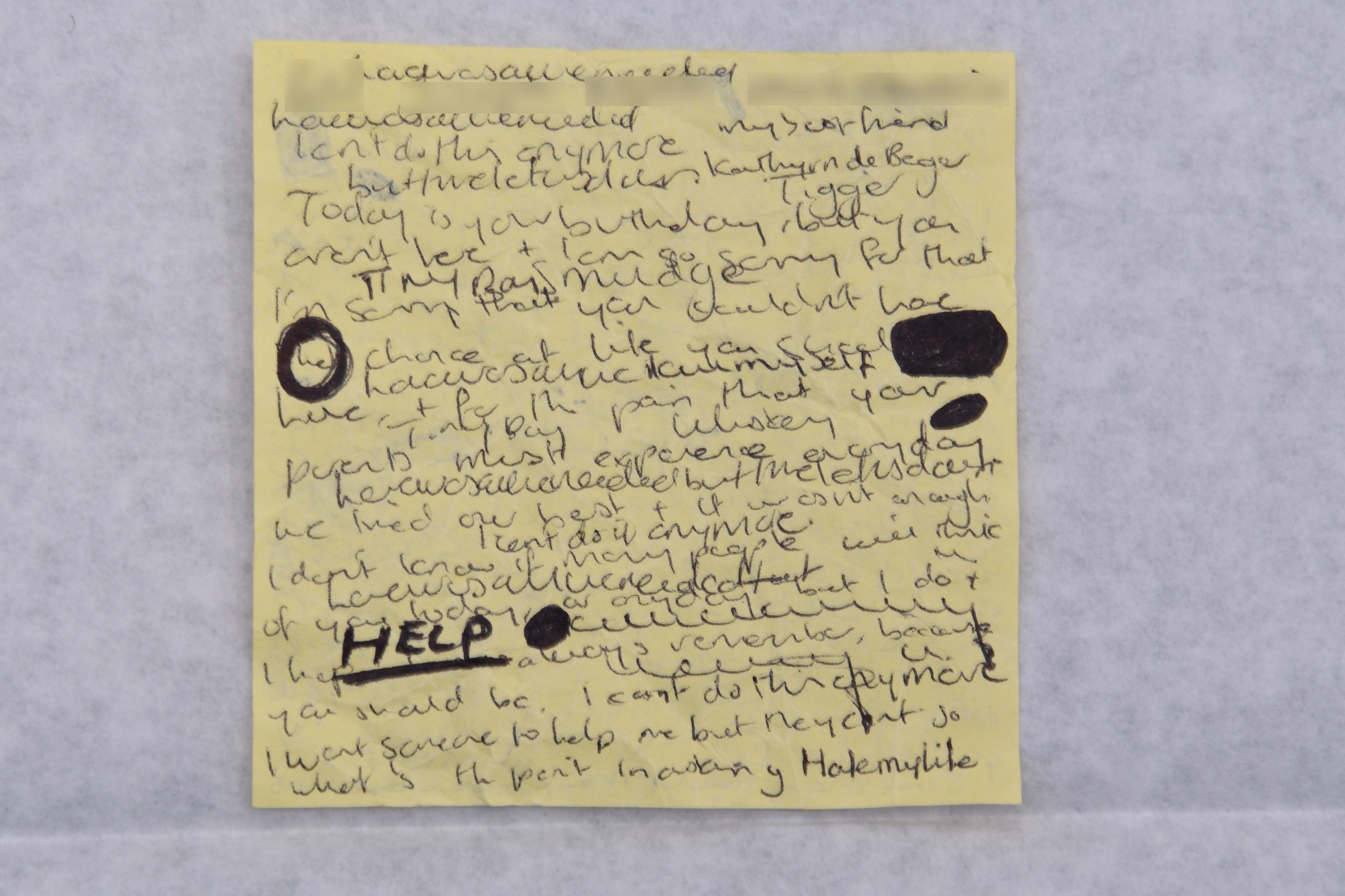 Von der Polizei freigelassen, zeigt handschriftliche Notizen, die nach ihrer ersten Verhaftung im Jahr 2018 in Letbys Schlafzimmer gefunden wurden