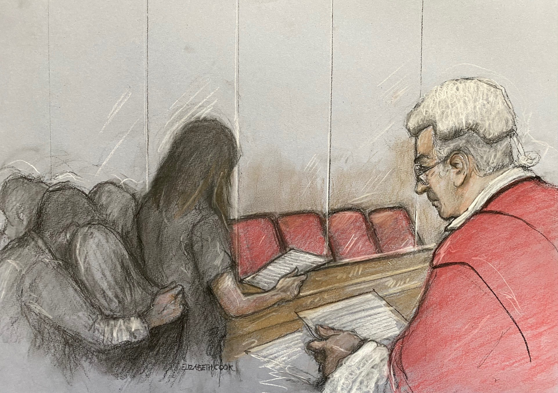 Die Zeichnung eines Gerichtskünstlers zeigt einen Elternteil eines von Letbys Opfern, der dem Gericht heute vor der Verurteilung des Mörders eine Aussage über die Folgen vorliest