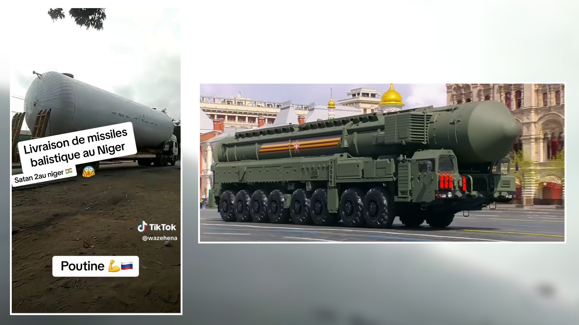 Im ersten Bild (links) sind keine Anzeichen der Metallausrüstung der eigentlichen Raketen (rechts) zu sehen.  Auch von der Sprengkopfform und der khakigrünen Schutzhülle ist nichts zu sehen.