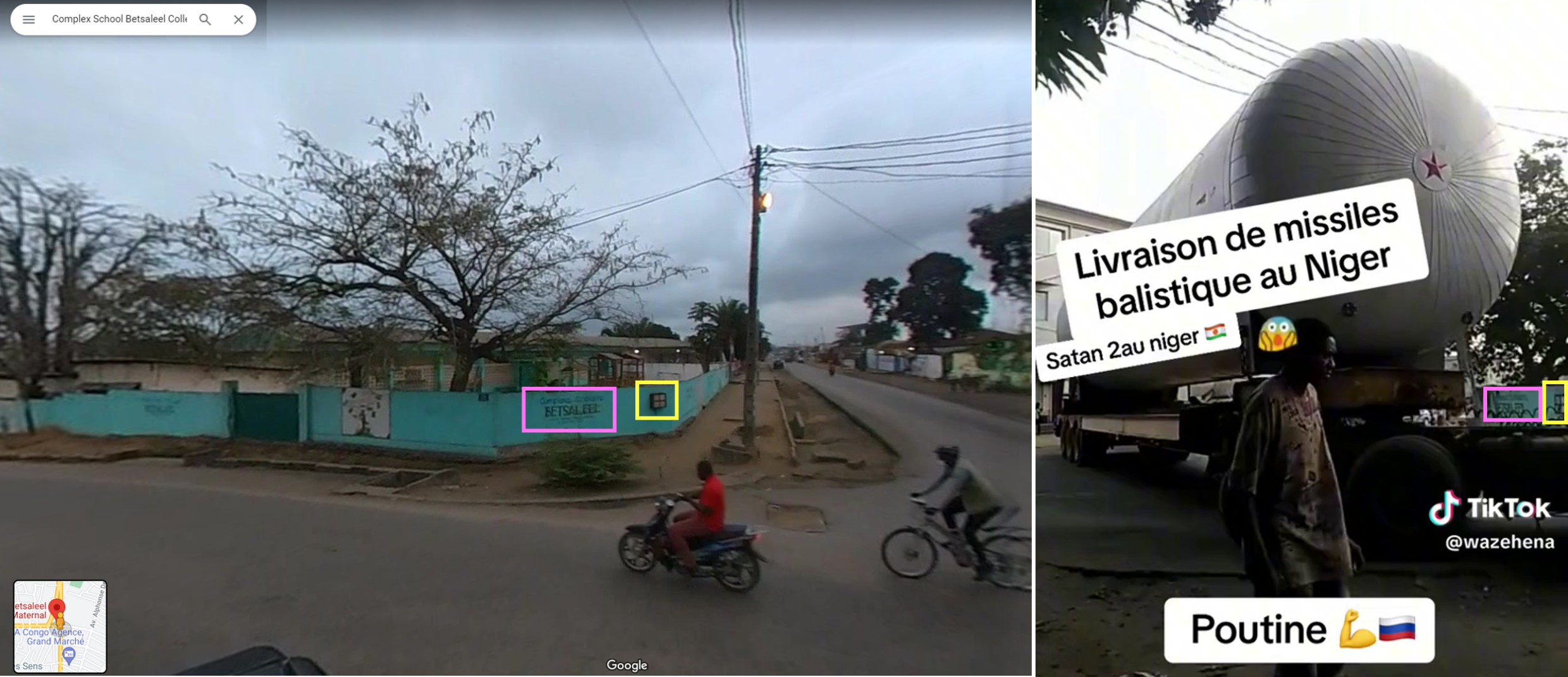 Auf diesen Bildern, die auf Google Street View verfügbar sind, erkennen Sie das Wort "Betsaleel" aus dem Video, sowie die blaugrüne Wand.  Das quadratische schwarze Licht (hier gelb umrandet) erscheint auch in beiden Bildern und hilft uns zu erkennen, dass sie am selben Ort gefilmt wurden.