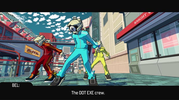 Die farbenfrohe Dot.exe-Crew tanzt in Bomb Rush Cyberfunk vor einem Geschäft