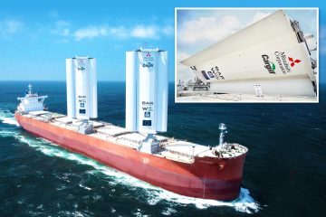 Frachtschiff mit Flügeln ausgestattet, um auf der Reise von China nach Brasilien Treibstoff zu sparen