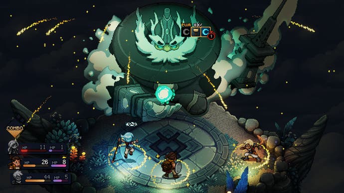Screenshot von Sea Of Stars, der einen Bosskampf gegen einen wolkigen Riesen zeigt.
