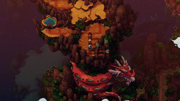 Screenshot von Sea Of Stars, der eine Draufsicht auf die Oberwelt mit einem um einen Berg geschlungenen Drachen zeigt.
